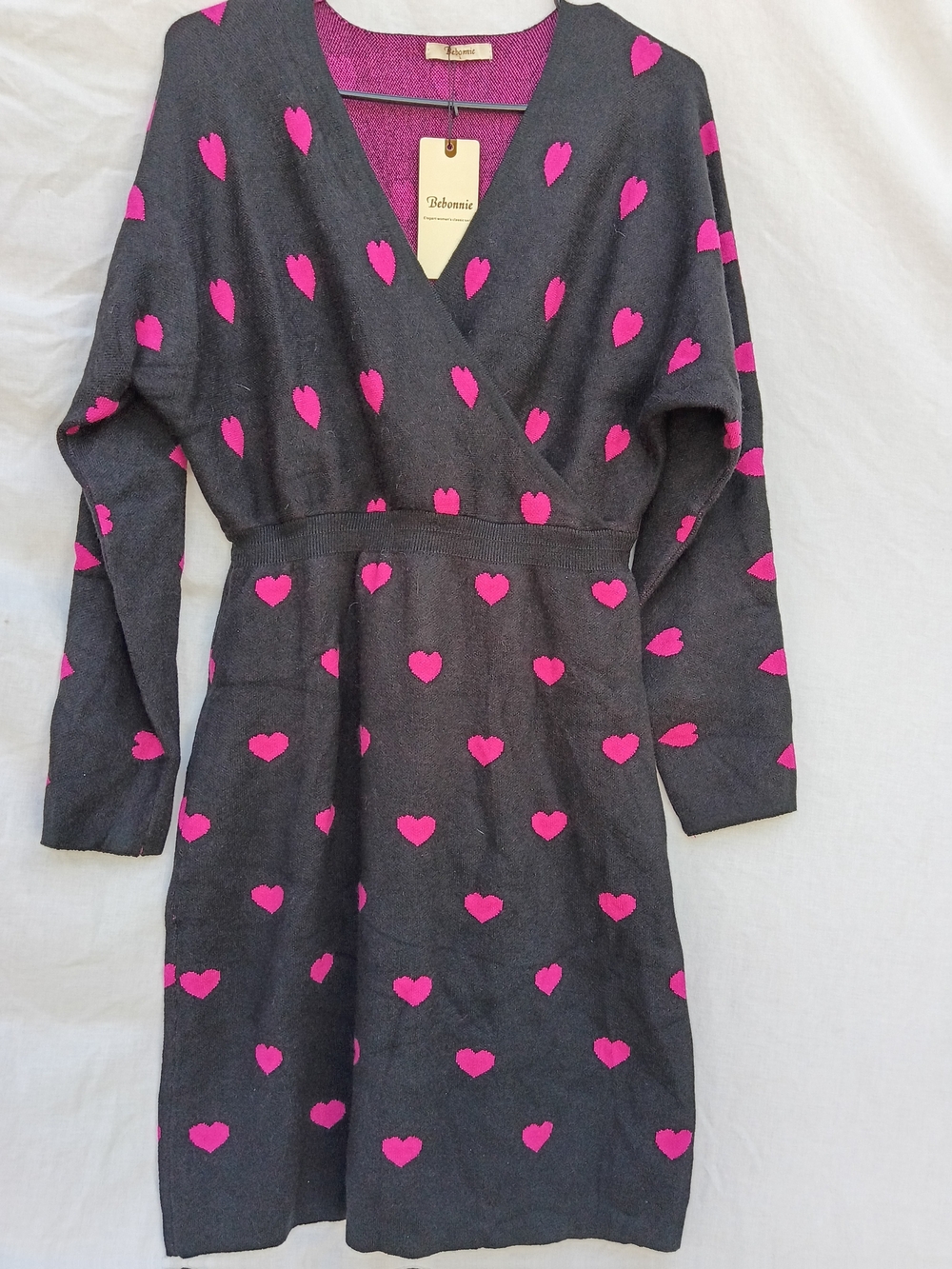Bebonnie Black Long-Sleeve Sweater Dress with Hot Pink Heart Motif